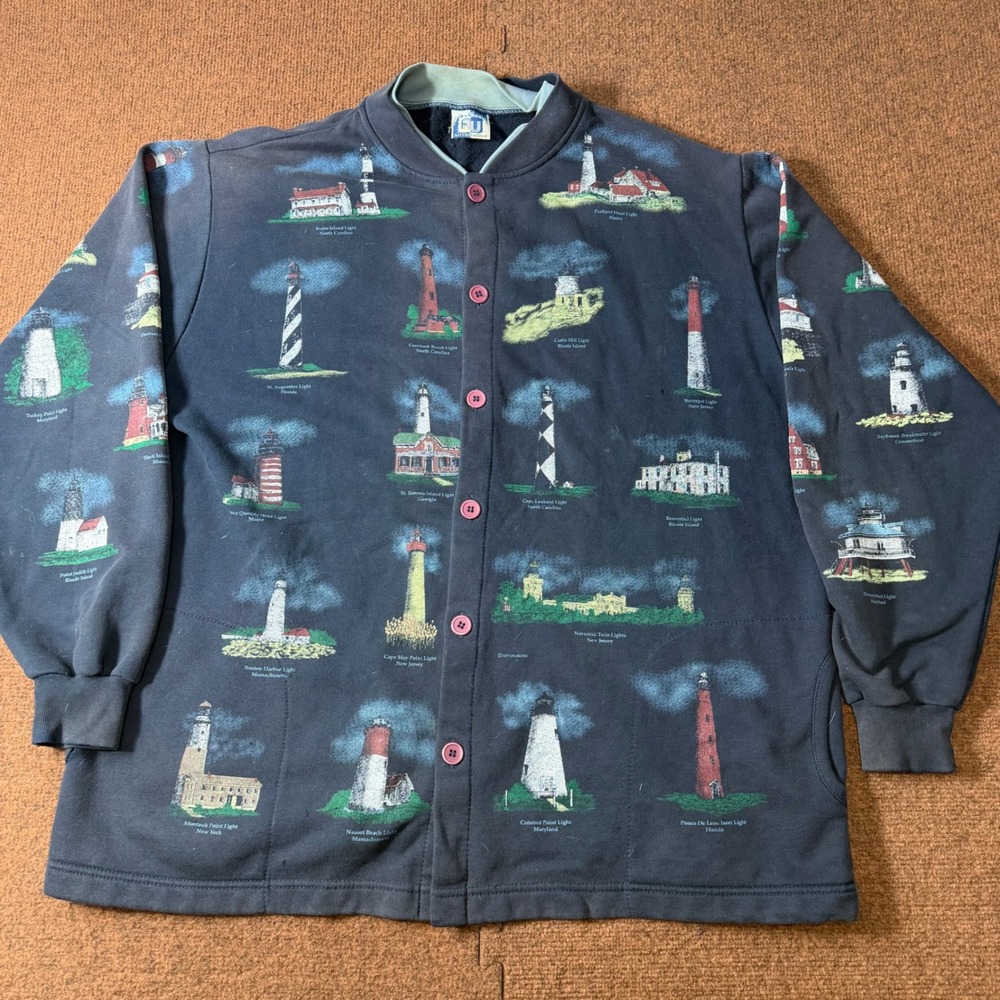Art Unlimited Vintage Lighthouse Print Button Front Sweatshirt Jacket Navy XXL